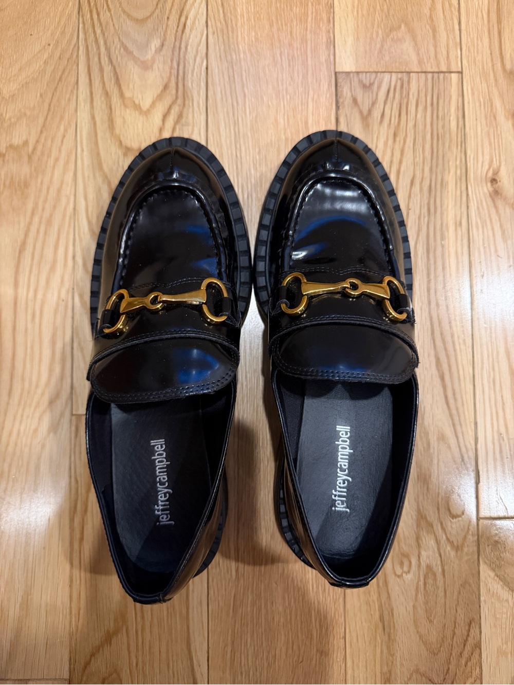 Jeffrey Campbell Women’s Black Patent Leather Loafers with Gold Hardware